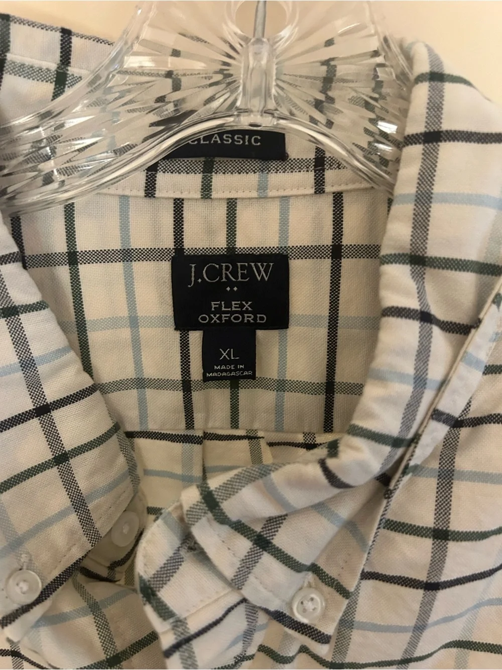 J. Crew Men’s White Button-Down Shirt with Light Blue and Navy Grid
